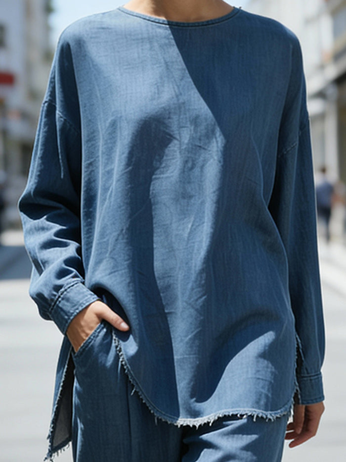 Relaxed Denim Two-Piece Set With Raw Hem