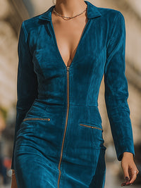 Suede Zip-Front Bodycon Midi Dress