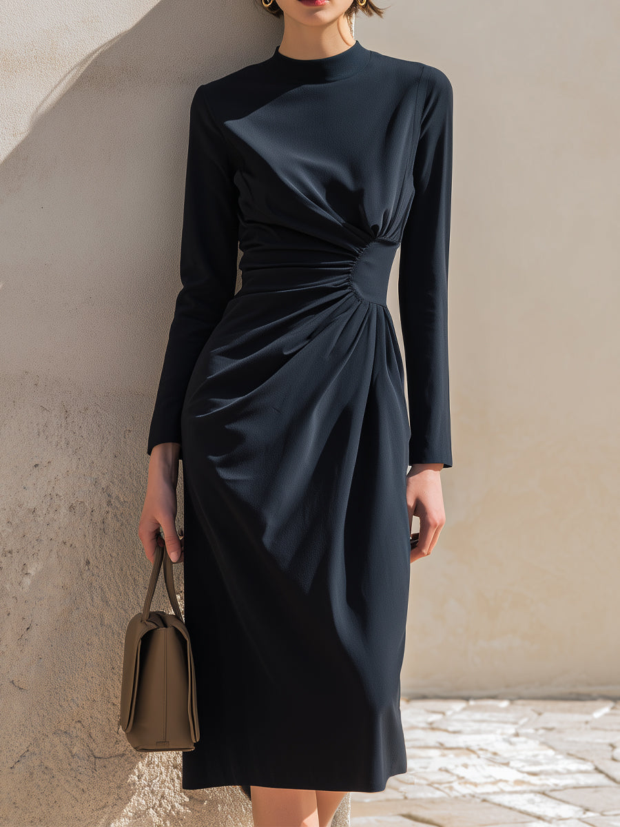 Navy Draped Long-Sleeve Midi Dress With Sculpted Waist