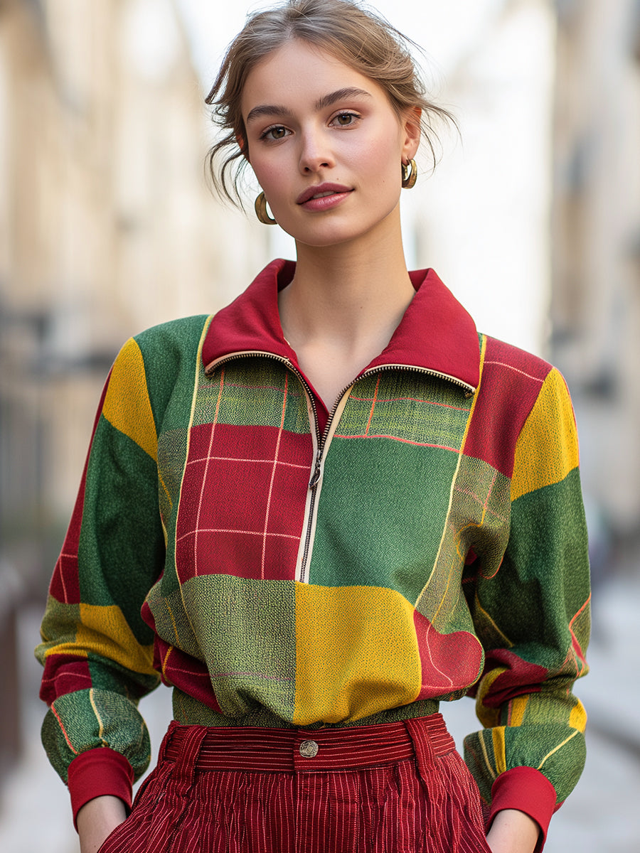 Color-blocked Zipper Plaid Sweatshirt