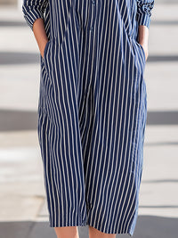 Vertical Stripe Stand-Collar Shirt Midi Dress