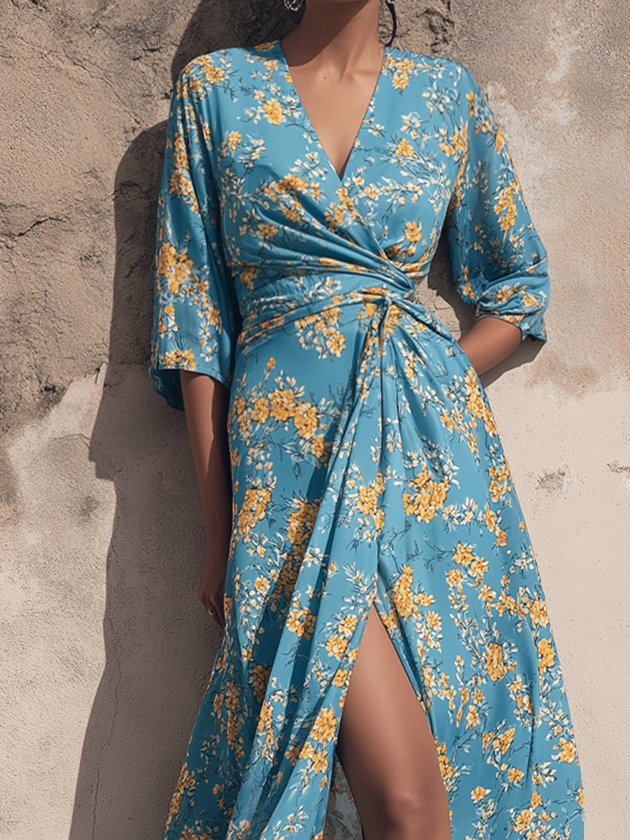 Floral Print Wrap Tie Waist Flowing Maxi Dress