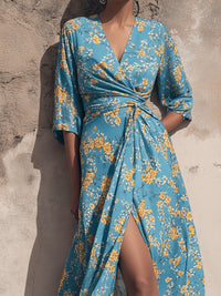 Floral Print Wrap Tie Waist Flowing Maxi Dress
