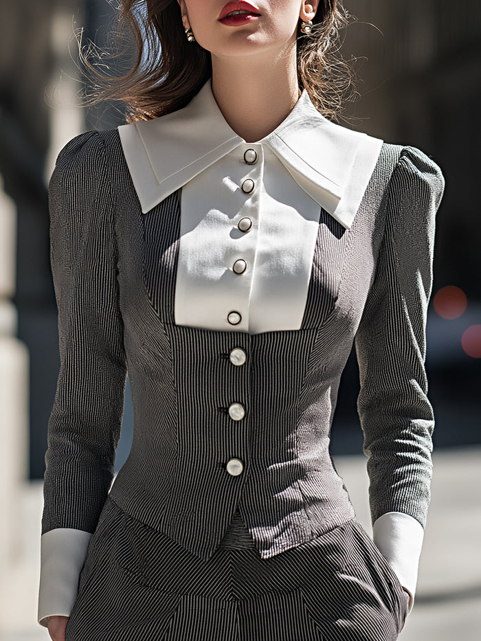 Vintage Contrast Collar Pinstripe Slim Fit Shirt
