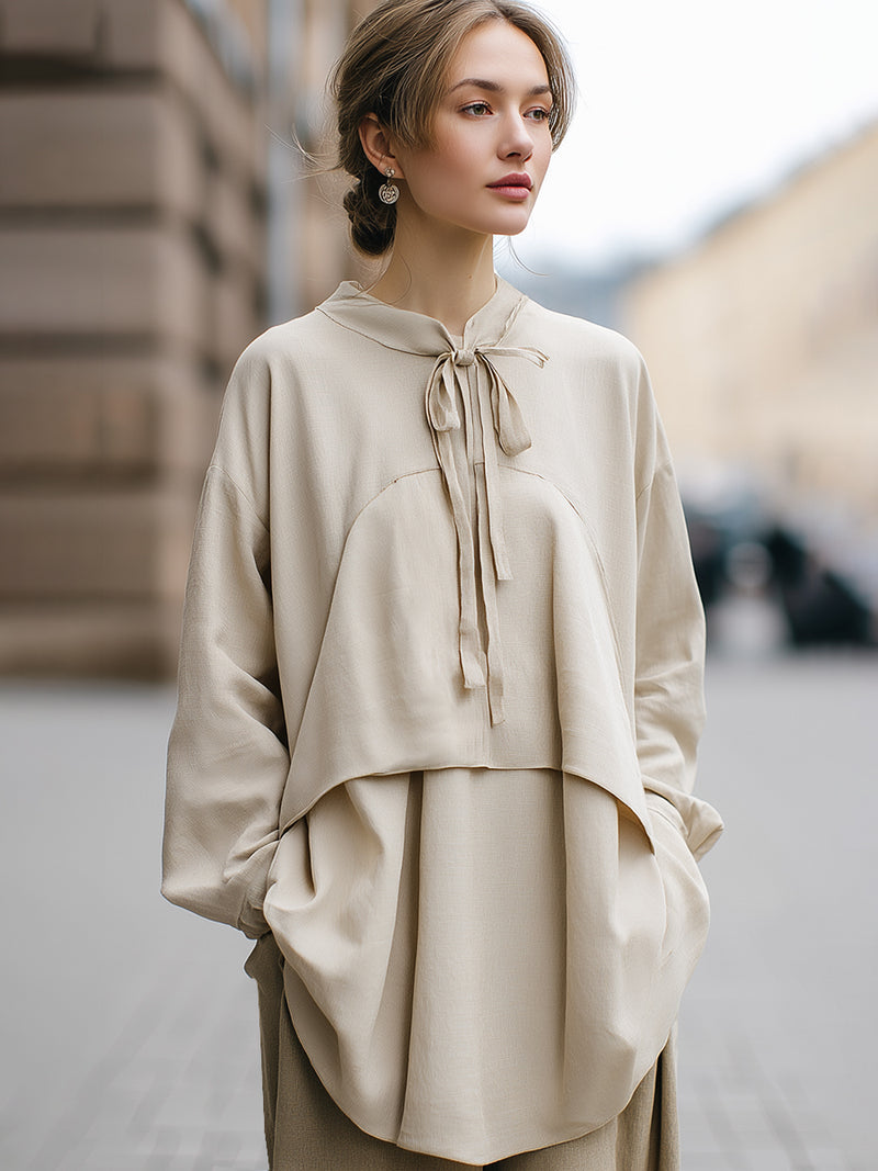 Layered Bow-Tie Collar Oversized Blouse