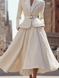 Belted Tweed Blazer And Midi Skirt Set