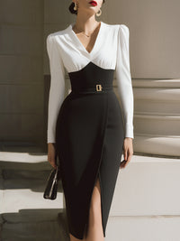 Black And White Contrast Midi Dress With Belted Waist