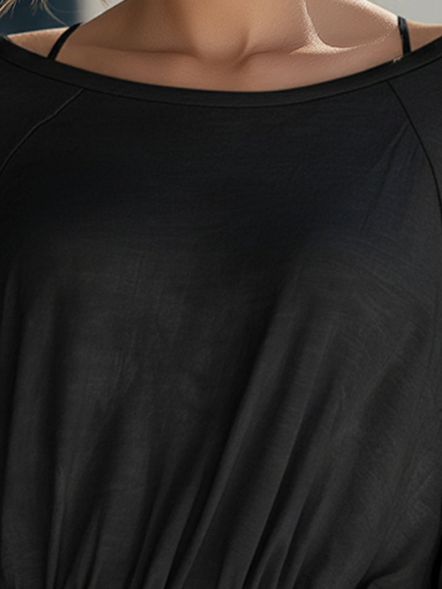 Black Relaxed Boat-Neck Smocked Waist Blouse