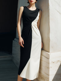 Black & Ivory Twist-Waist Colorblock Midi Dress