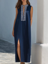 Embroidered Placket Sleeveless Drawstring Midi Dress