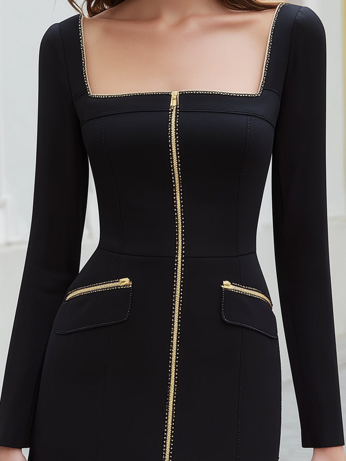 Square-Neck Zip-Front Mini Dress