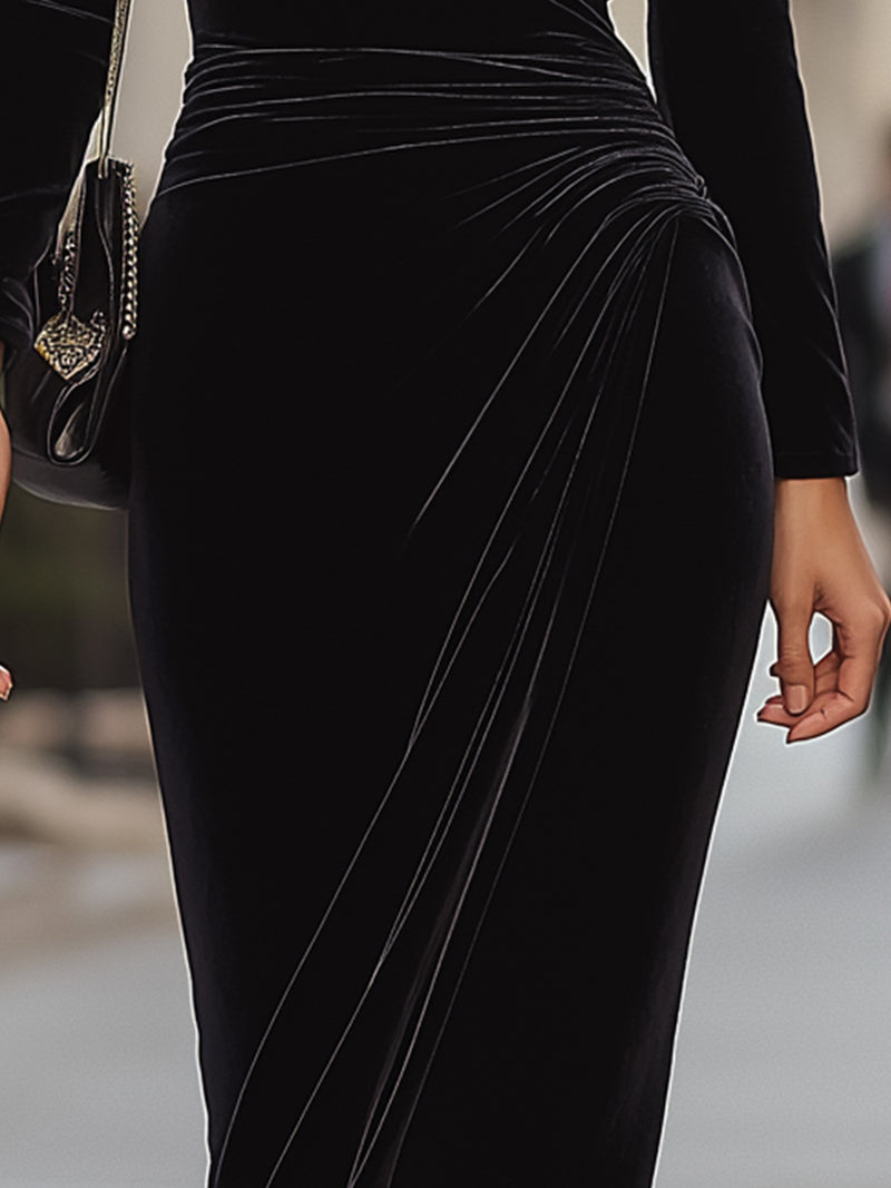 Velvet Asymmetrical Dress With Sheer Detail