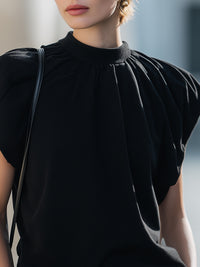 Black Pleated High-Neck Cap Sleeve Knit Top