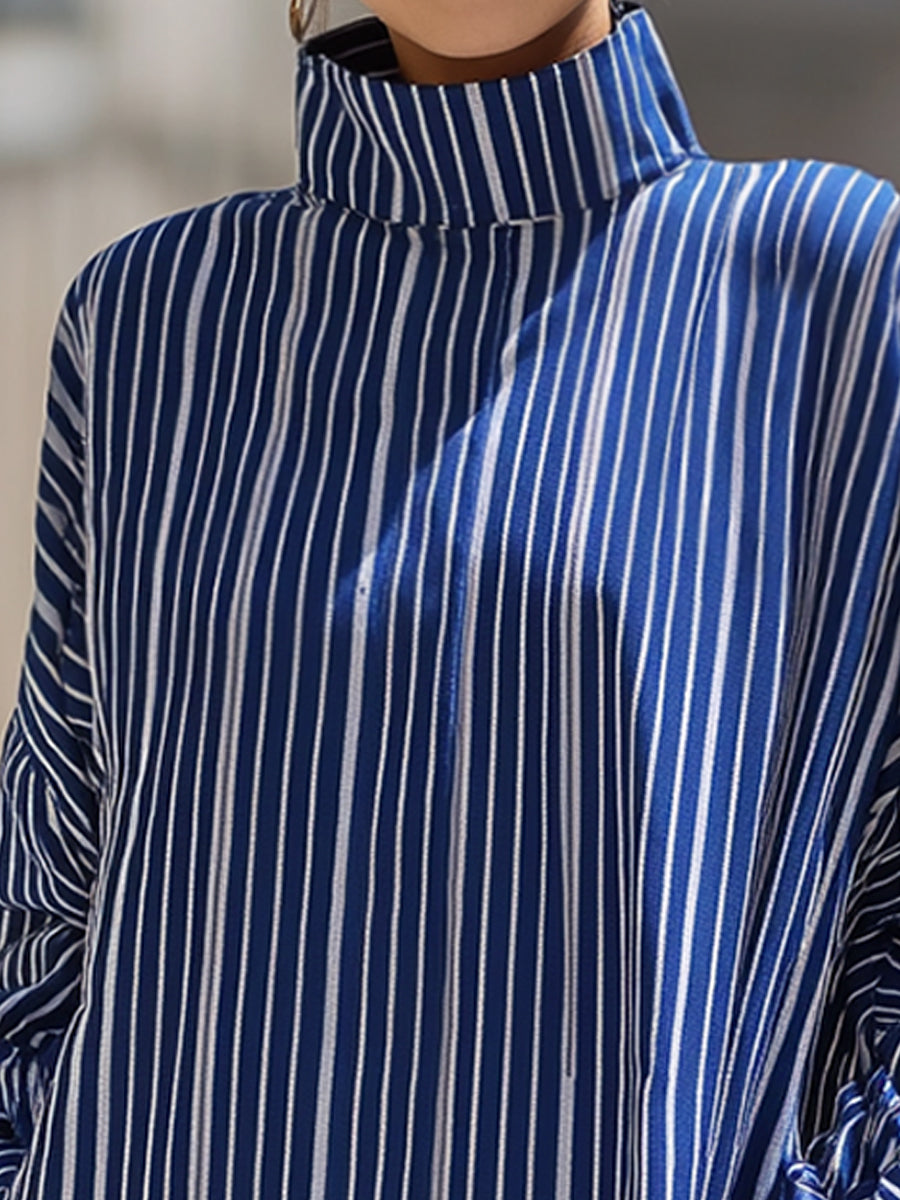 Vertical Stripe Stand-Neck Oversized Shirt