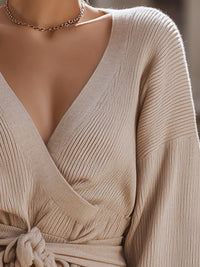 Beige Knit Wrap Top With Belt