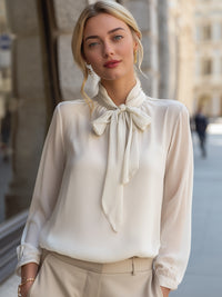 Ivory Bow-Tie Neck Sheer Chiffon Blouse