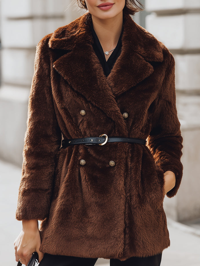 Chocolate Faux Fur Double-Breasted Coat With Belt