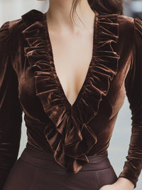Velvet Brown Ruffled V-Neck Top With Long Sleeves