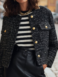 Black Tweed Cropped Jacket With Gold-Tone Buttons