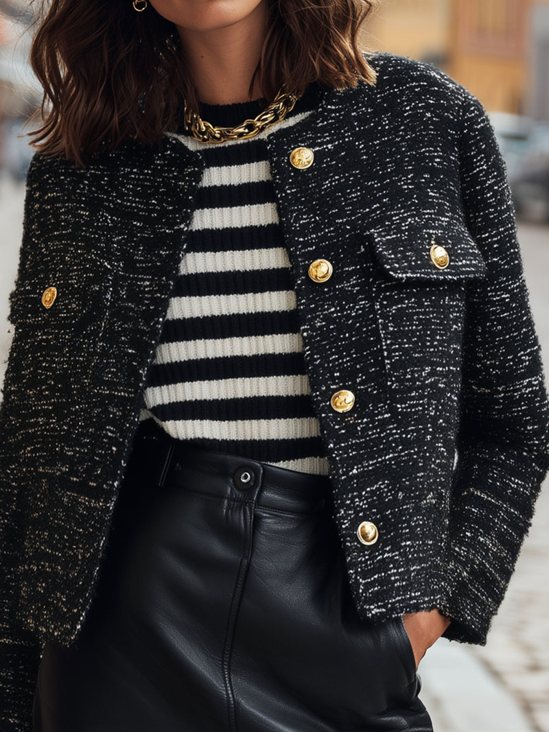 Black Tweed Cropped Jacket With Gold-Tone Buttons