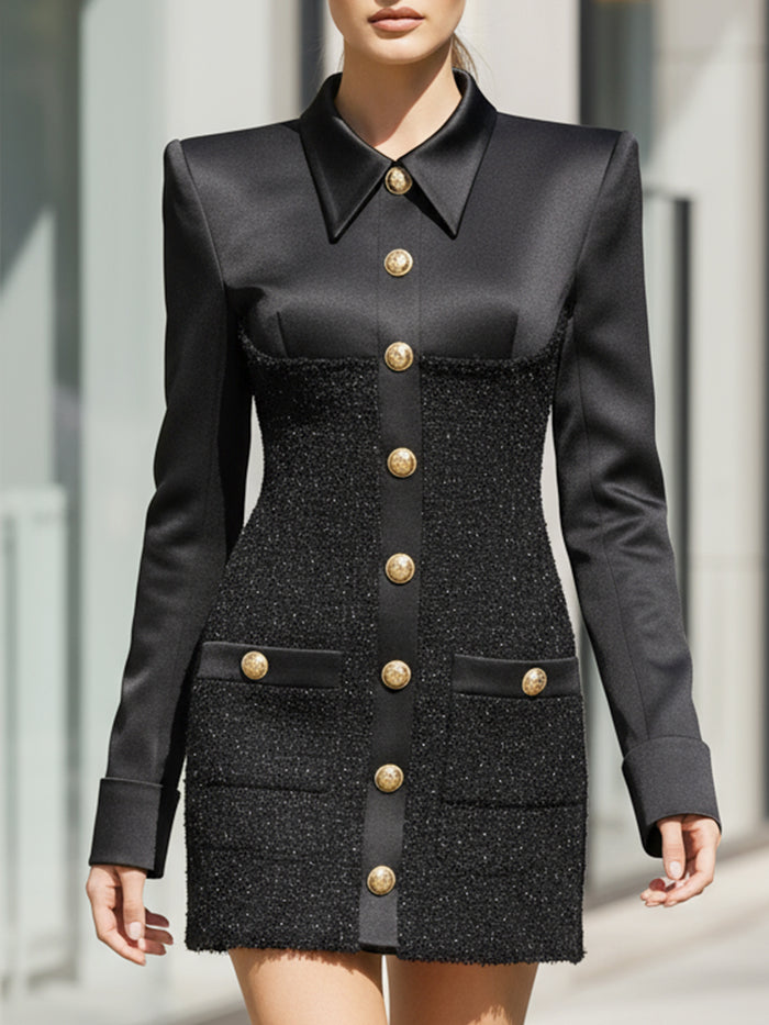 Tailored Black Mini Dress With Gold-Tone Buttons And Tweed Accents
