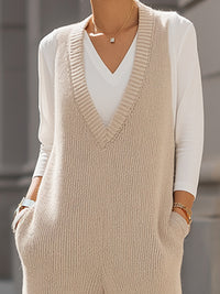 Beige Ribbed Knit Wide-Leg Jumpsuit