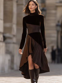 Asymmetric Velvet And Satin Panel Dress