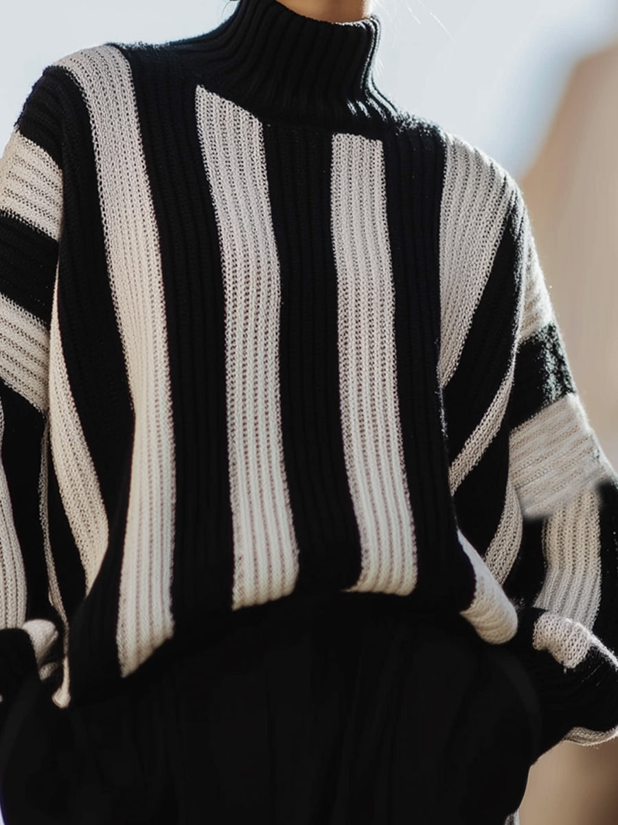 Black And White Striped Ribbed Turtleneck Sweater