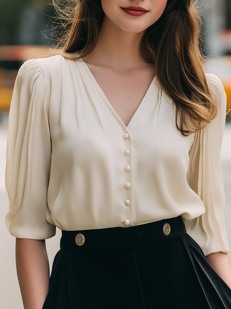 Pearl Button Pleated Blouse