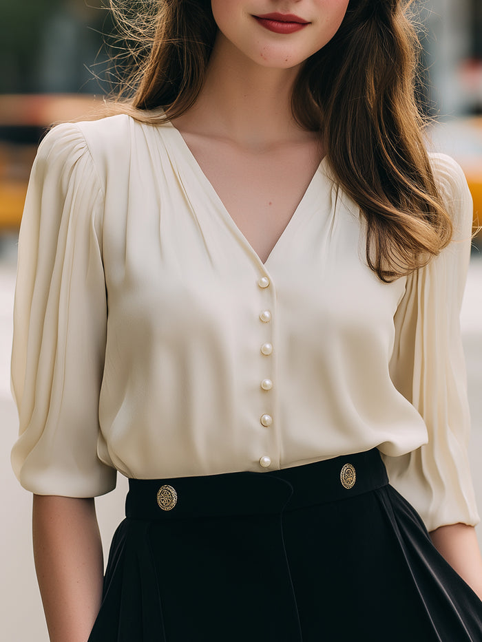 Pearl Button Pleated Blouse