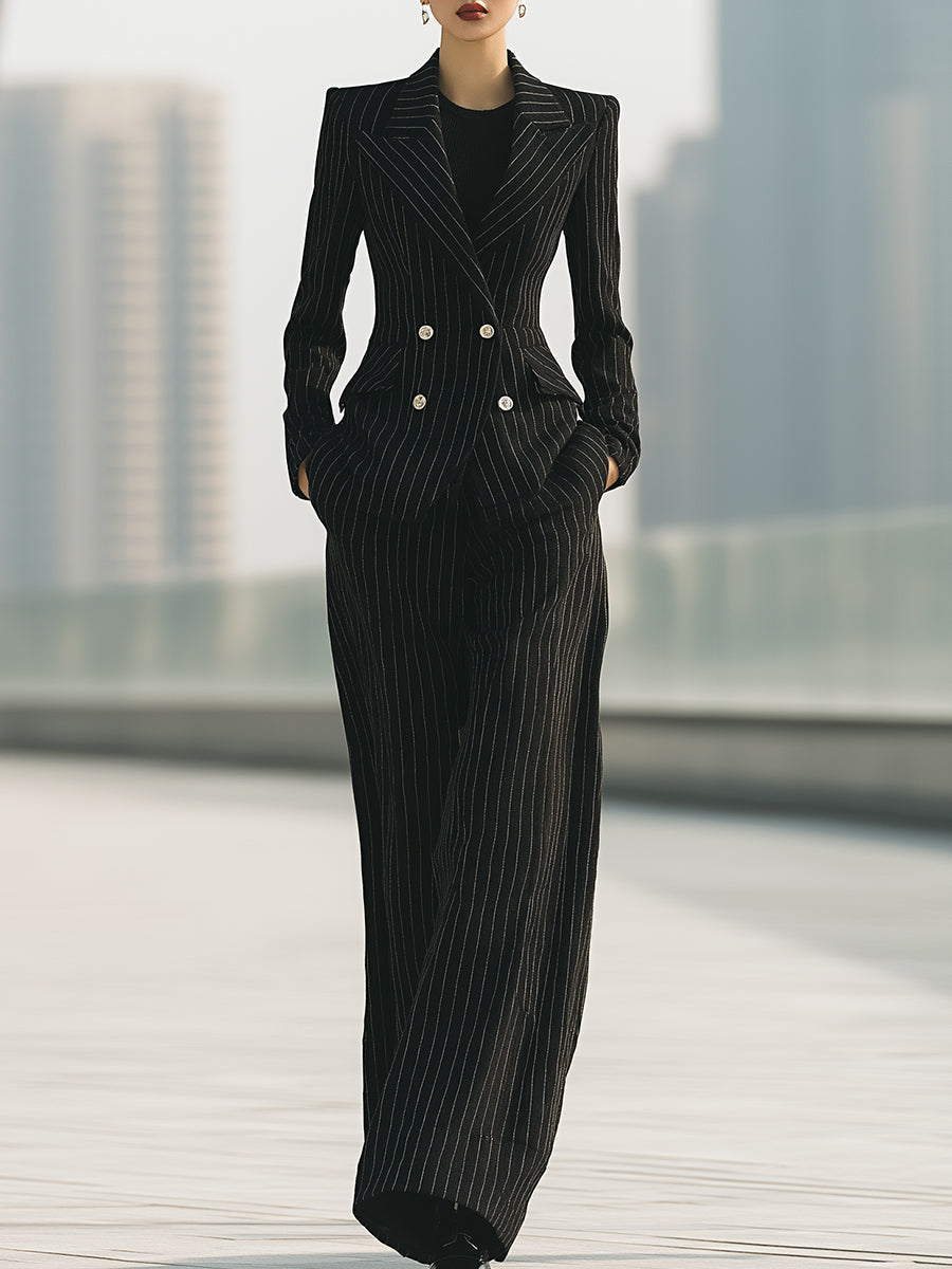 Pinstripe Double-Breasted Blazer And Wide-Leg Pants Set