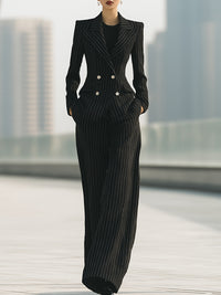 Pinstripe Double-Breasted Blazer And Wide-Leg Pants Set