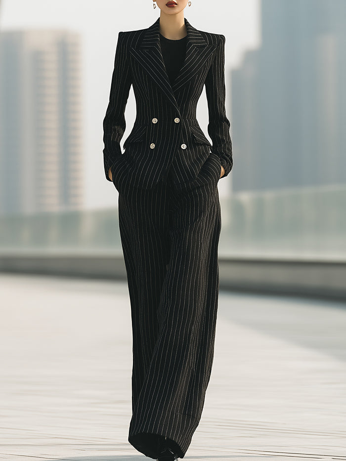 Pinstripe Double-Breasted Blazer And Wide-Leg Pants Set