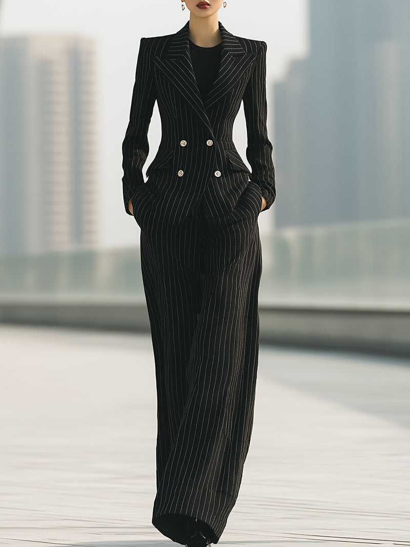 Pinstripe Double-Breasted Blazer And Wide-Leg Pants Set