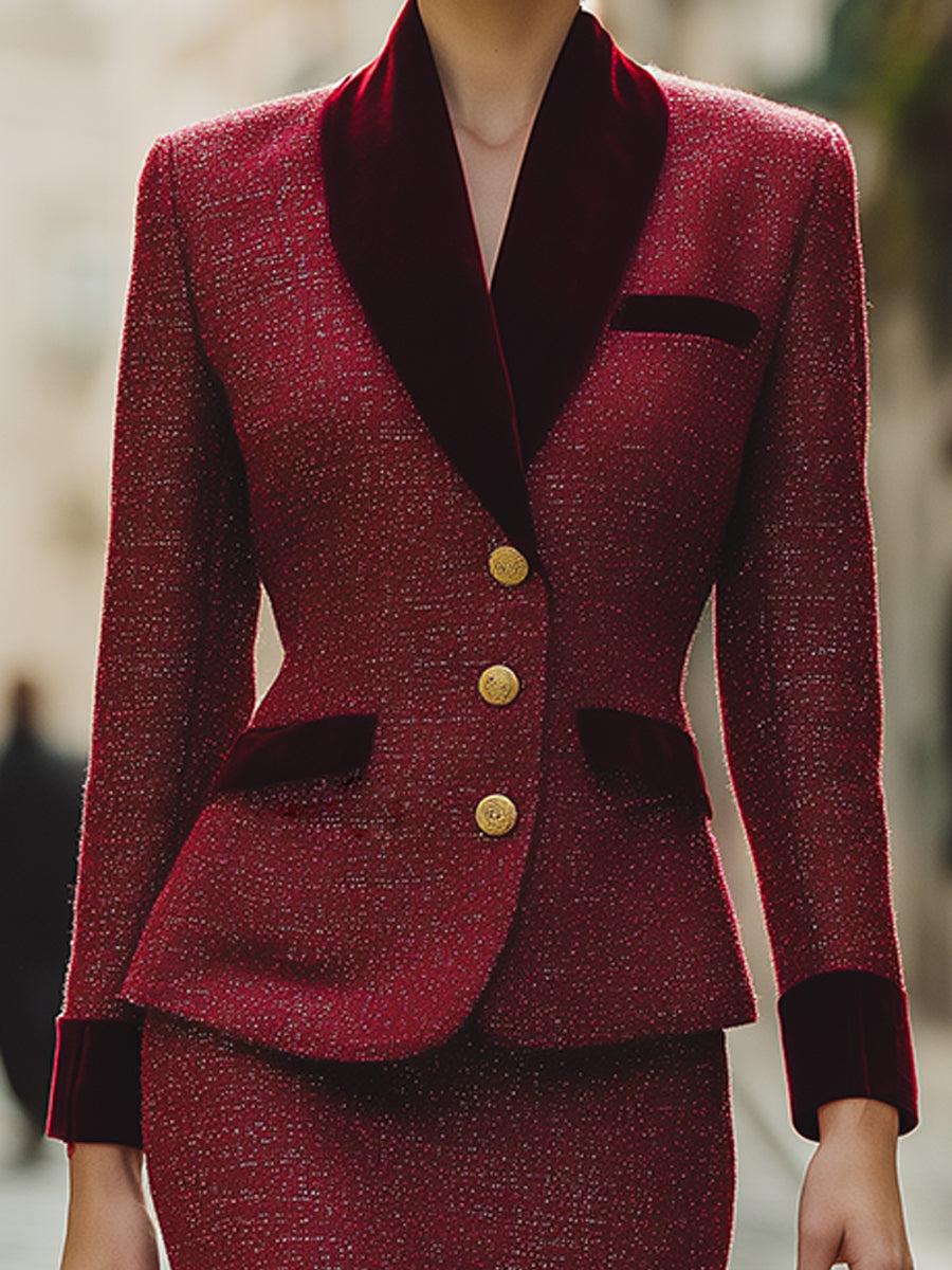 Velvet-Collared Tweed Skirt Suit