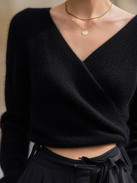Wrap-Front Cropped Knit Sweater