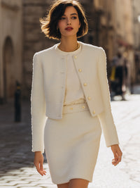 Ivory Textured Tweed Skirt Suit Set