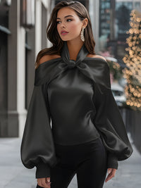 Off-Shoulder Satin Tie-Neck Blouse With Balloon Sleeves