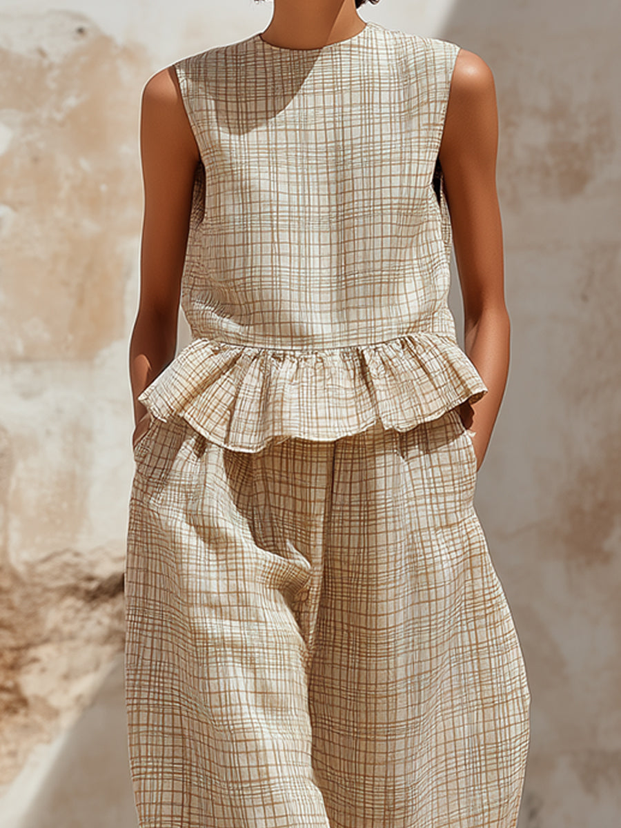 Casual Plaid Sleeveless Peplum Wide-Leg Jumpsuit – Relaxed Chic Style