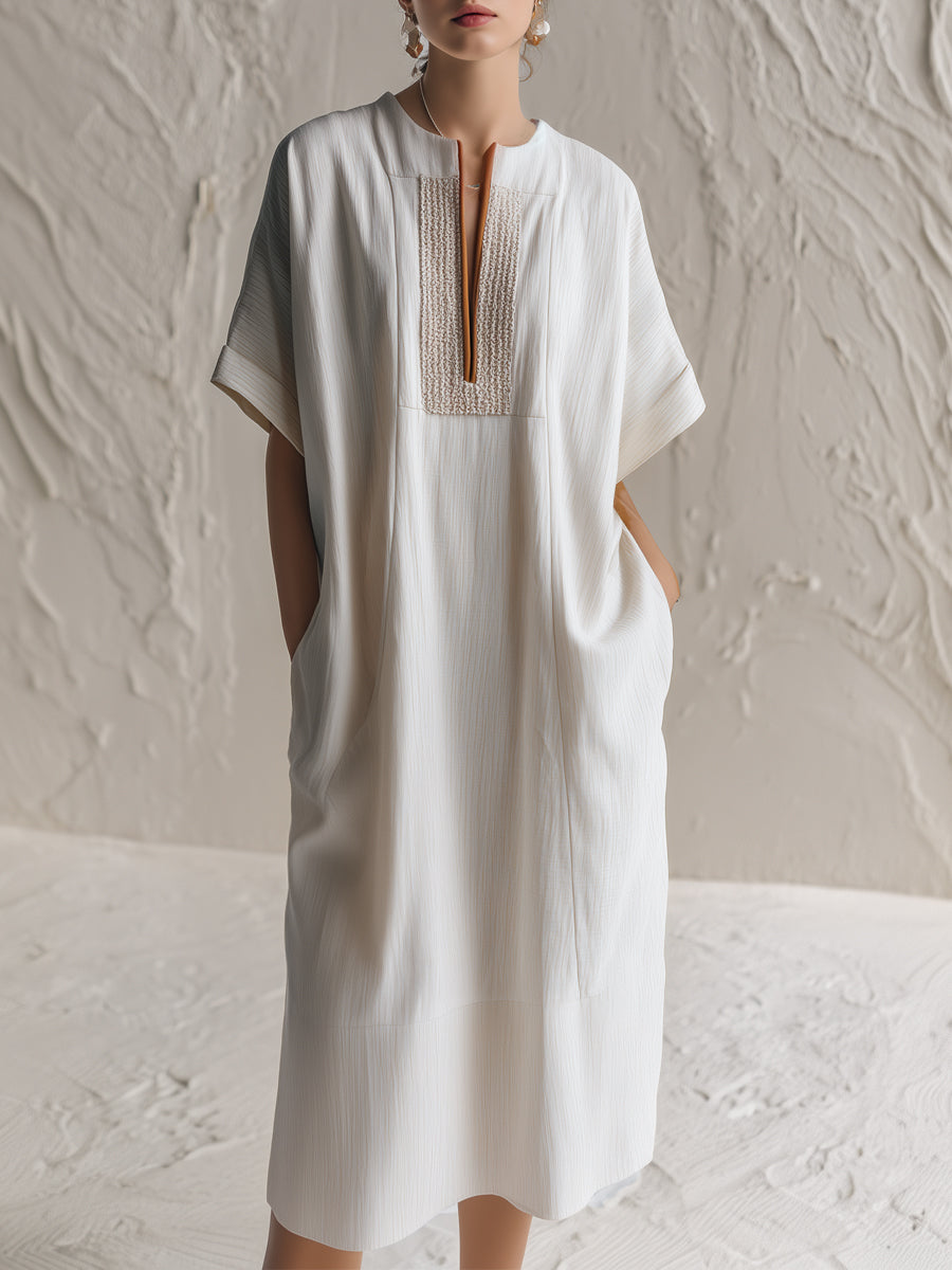 Textured Short-Sleeve Relaxed Midi Dress