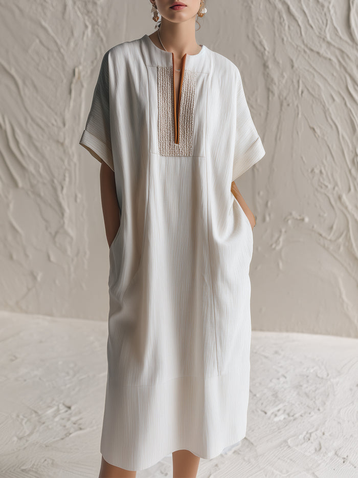 Textured Short-Sleeve Relaxed Midi Dress