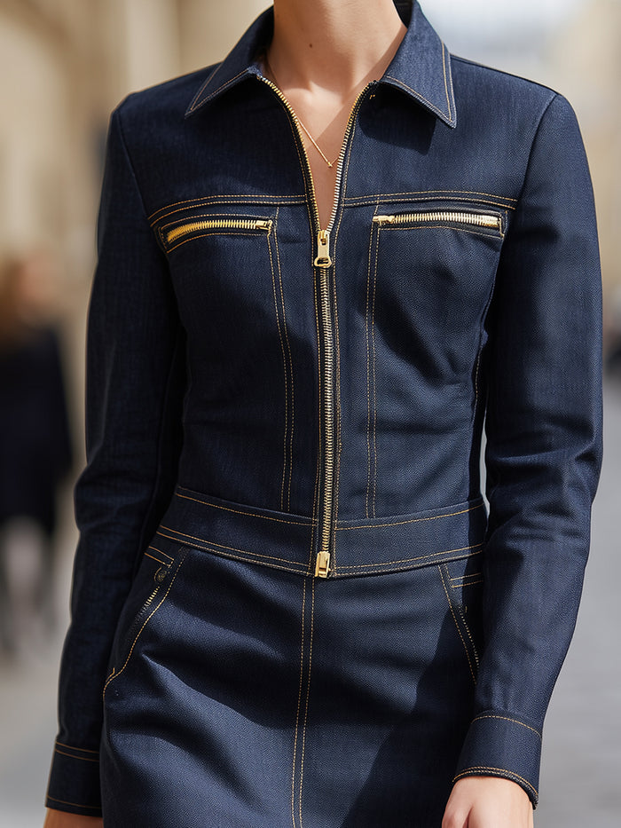 A Dark Indigo Zip-up Denim Top Paired With A Skirt Offers A Refined