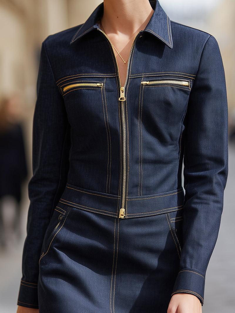 A Dark Indigo Zip-up Denim Top Paired With A Skirt Offers A Refined