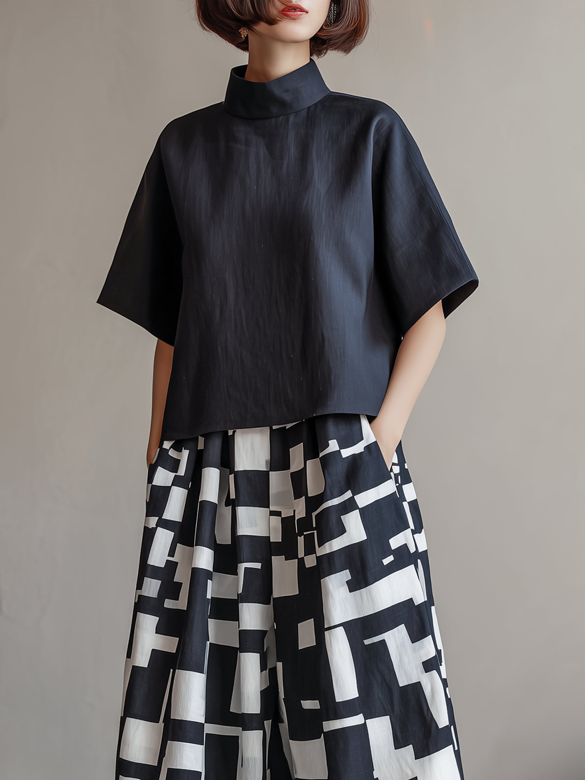 High-Neck Top & Abstract Print Wide-Leg Skirt Set