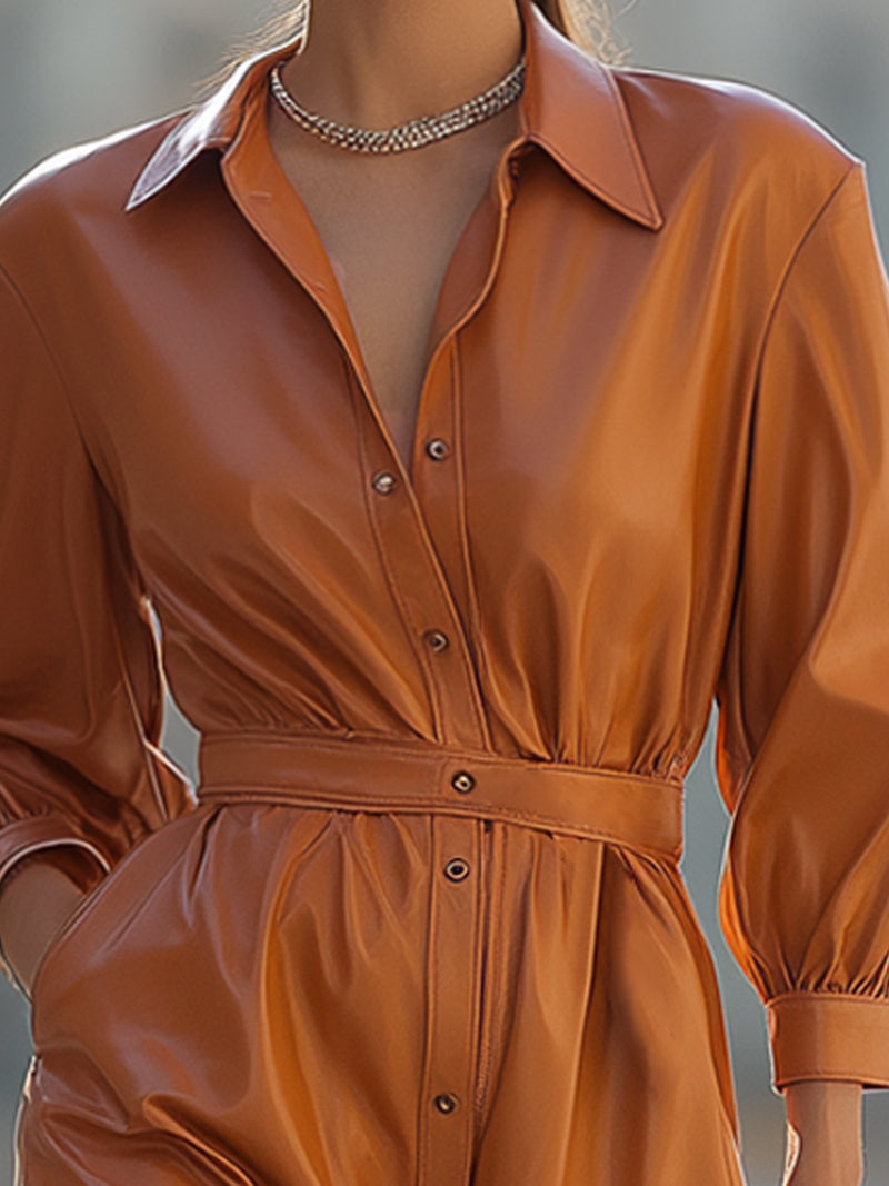 Caramel Faux Leather Shirt Dress
