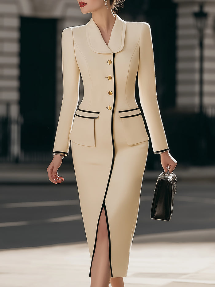 Ivory Contrast-Trim Tailored Blazer Dress