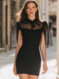 Sheer Bow-Neck Mini Dress With Cape Sleeves