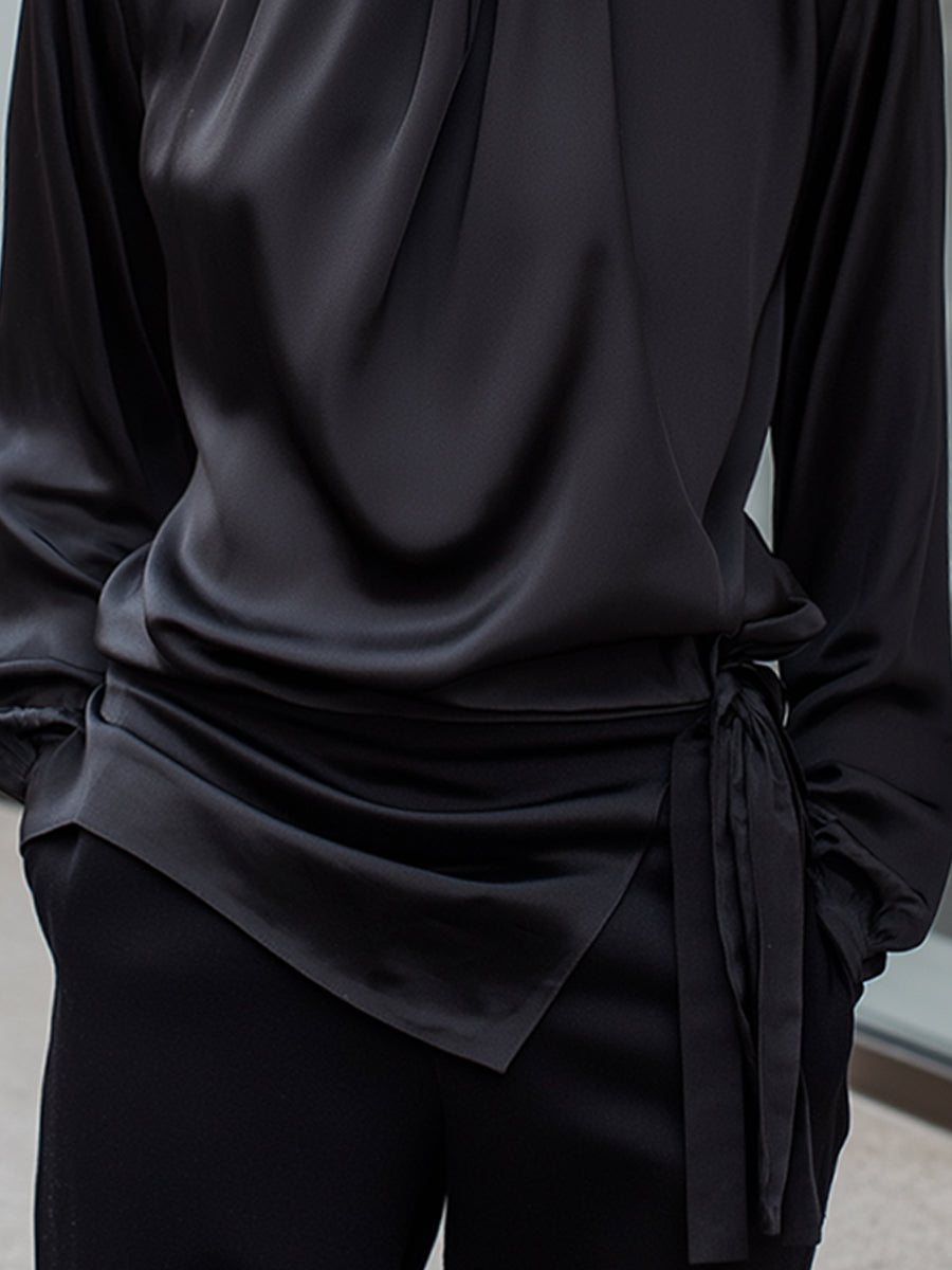 Satin High-Neck Draped Tie-Waist Blouse