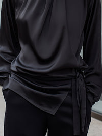 Satin High-Neck Draped Tie-Waist Blouse