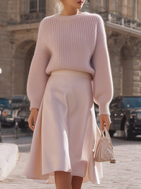 Blush Pink Knit Sweater And Satin Midi Skirt Set